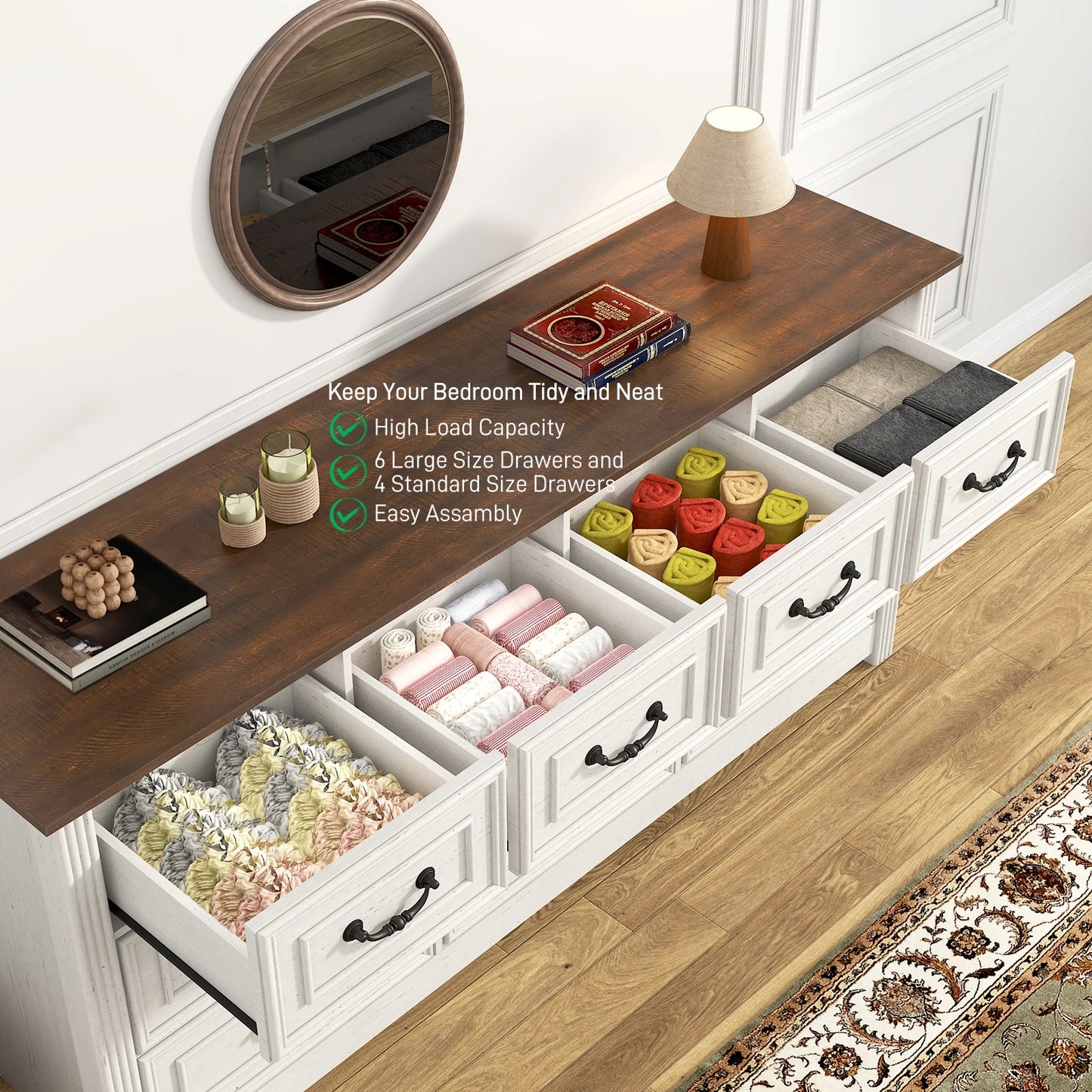 QiaoShiRen Farmhouse 10 Drawer Dresser With Rustic Handles