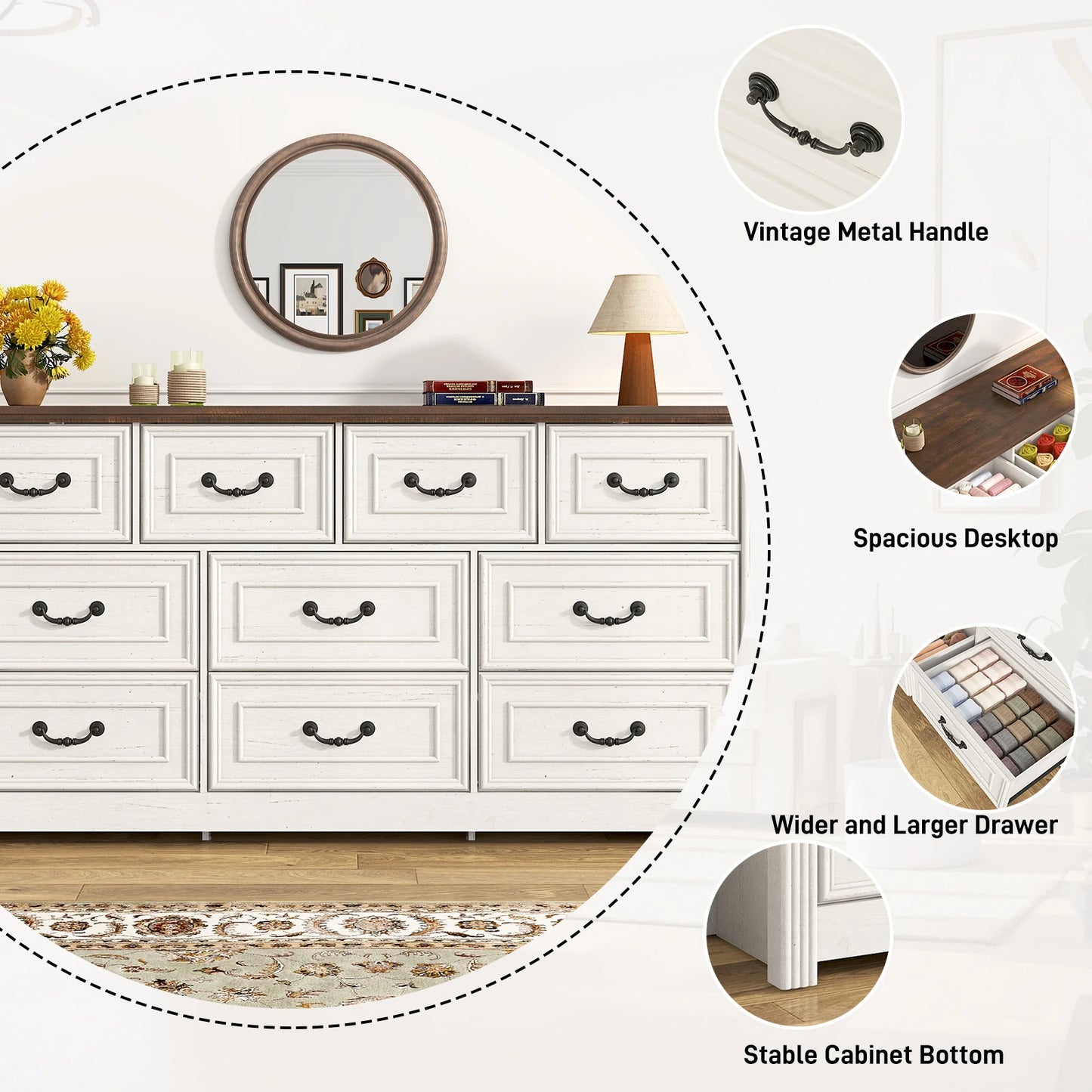 QiaoShiRen Farmhouse 10 Drawer Dresser With Rustic Handles