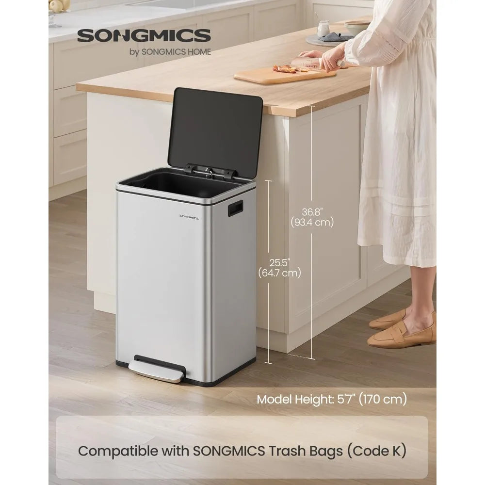 SONGMICS Trash Can, 13-Gallon Gabbage Can, with 15 Trash Bags, Stainless Steel, with Soft-Close Lid, Removable Inner Bucket