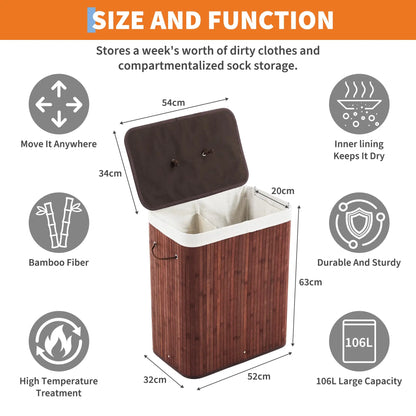 Bamboo Laundry Hamper Large 106L with Removable 4-Section Liner, Foldable Storage Basket with Lid and Handles for Bedroom, Laund