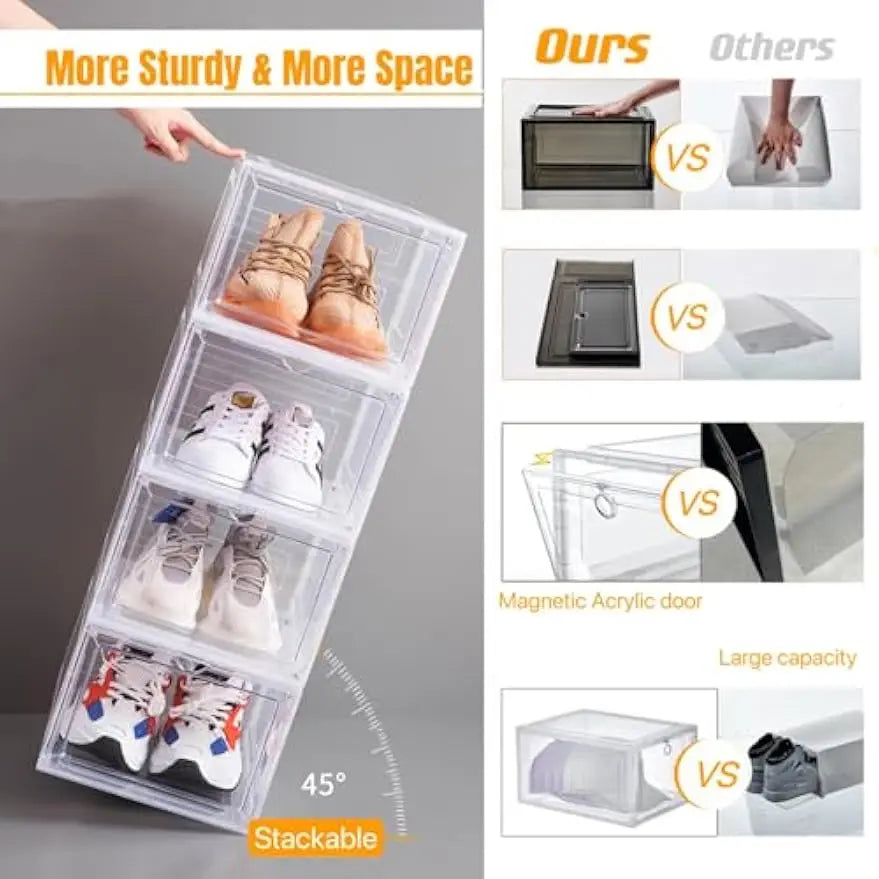 Stackable Clear Shoe Storage Boxes With Magnetic Door
