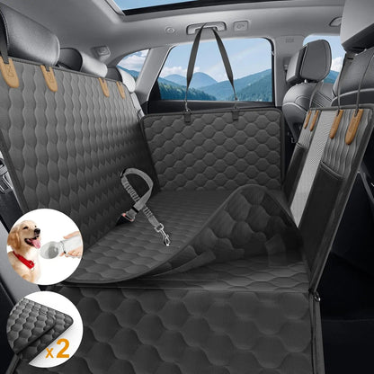 Black quilted waterproof dog car seat cover hammock with safety strap in SUV interior