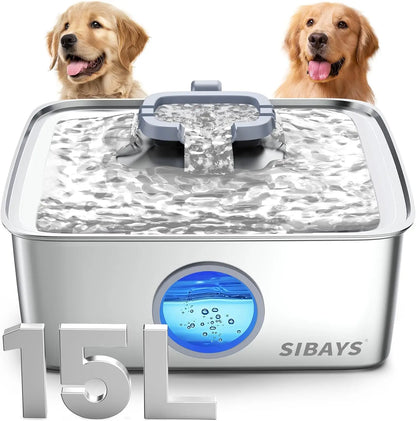 Large 4Gal/15L Stainless Steel Dog Water Fountain with LED Light, Quiet Automatic Dispenser for Multi-Pet Homes, Easy Clean