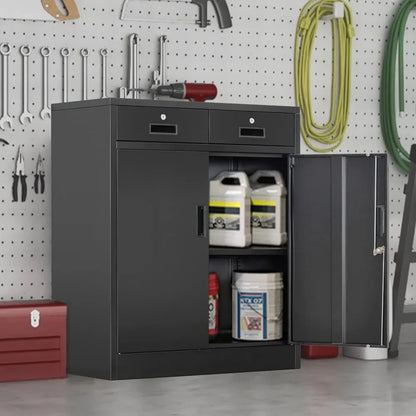 Metal Locking Storage Cabinet With Drawers And Adjustable Shelf