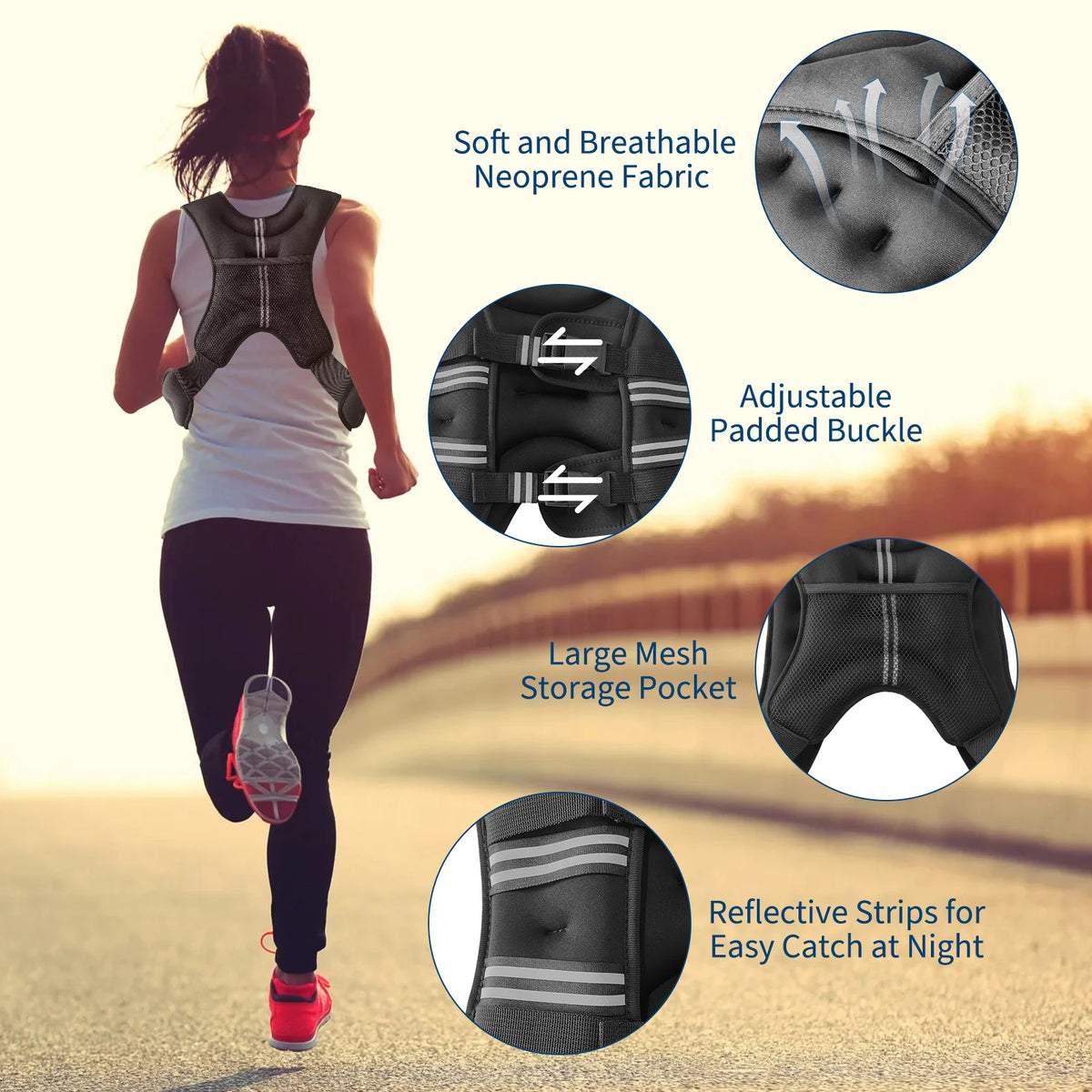 16LBs-30LBs Weighted Vest for Men Women, Soft Breathable Neoprene Running Vest with Reflective Strips, Large Mesh Storage Pocket & Padded Buckles for Fitness Training Workout