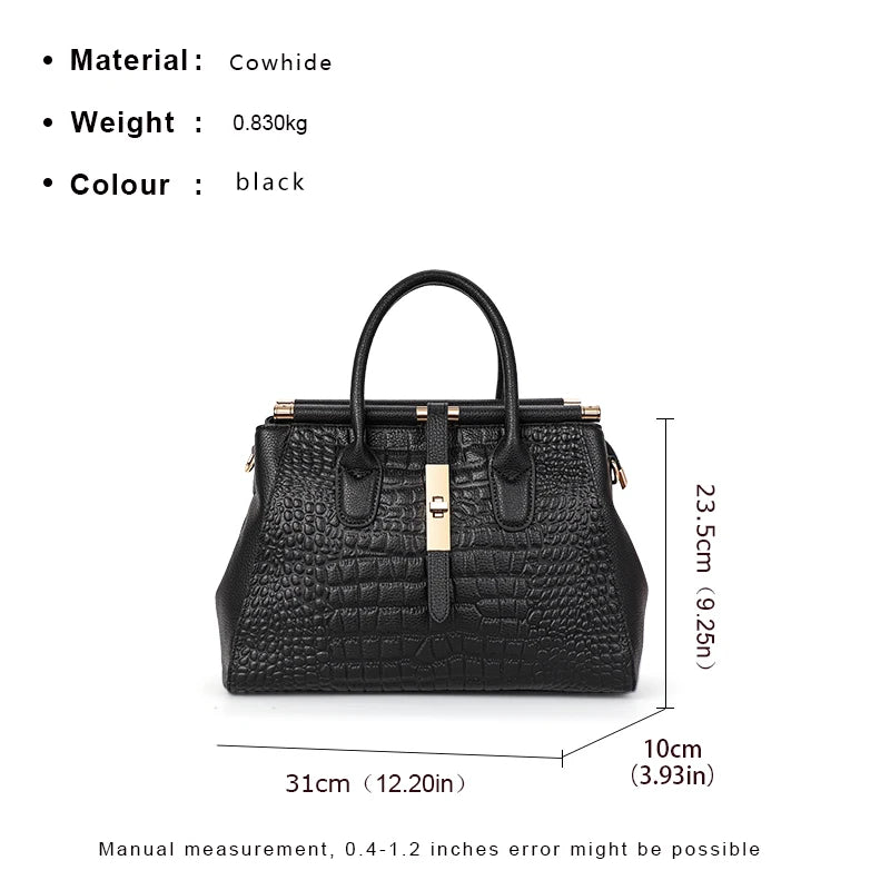 Light Luxury Crocodile Pattern Women's Handbag Large Capacity Black High Quality Cowhide Single Shoulder Crossbody Bag