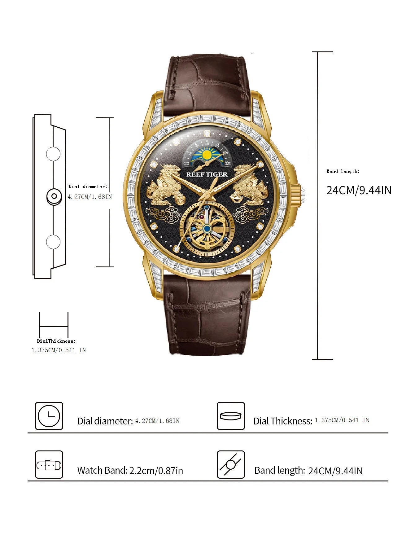 Reef Tiger Men's Automatic Mechanical Watch Leather Band Stainless Steel