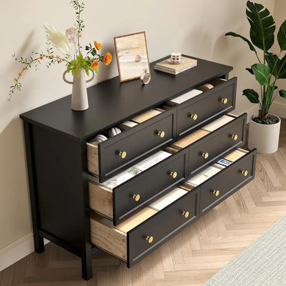 Elegant 6-Drawer Double Dresser with Deep Drawers and Metal Handles, Wood Dressers & Chests for Bedroom and Hallway Storage