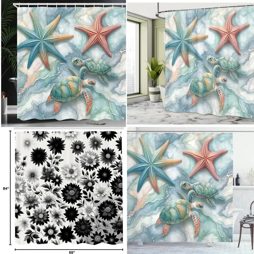 Marble Starfish Sea Turtle Shower Curtain Coastal Bath Decor