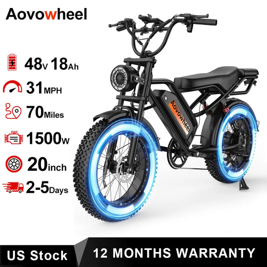 AOVOWHEEL AW2PROElectric Bike 1500W 20" Fat Tire 31mph Top Speed 70 Miles Range for Road Sand Mountain Snow Electric Motorcycle