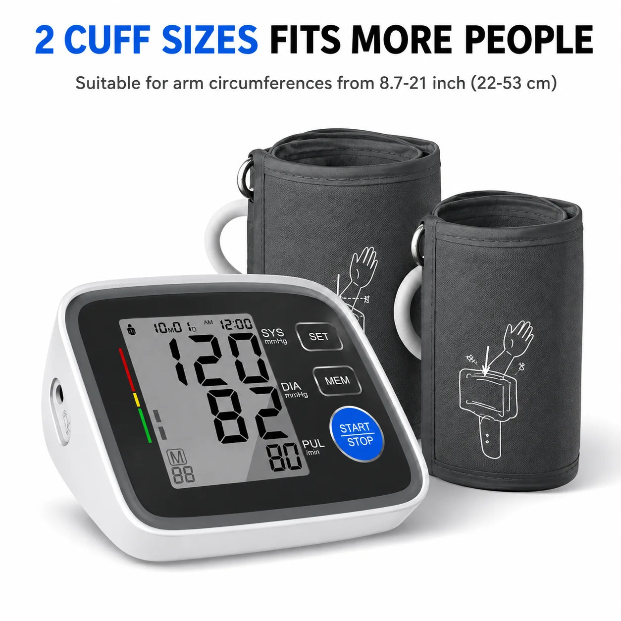 Automatic Upper Arm Blood Pressure Monitor with 2 Cuffs 22-43 cm and 32-53 cm, Large LCD, 2 Users, 180-Reading Memory, Pulse Rate for Home Use