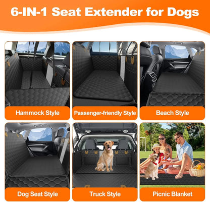 6-in-1 car seat extender for dogs, shown as hammock, seat cover, truck bed, beach mat, and picnic blanket