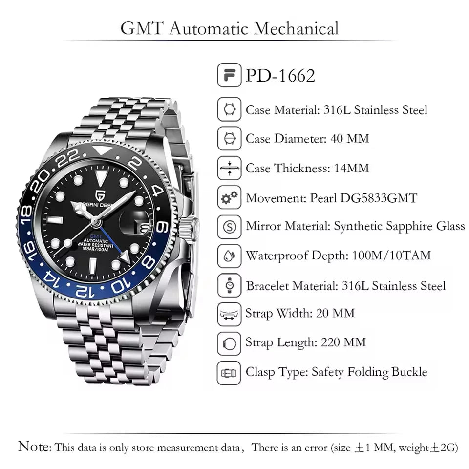 PAGANI DESIGN PD1662 Automatic GMT Stainless Steel Wristwatch