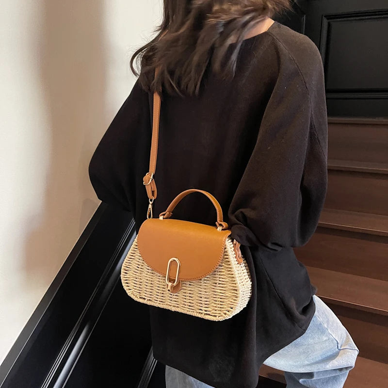APWIKOGER Straw Beach Bag PU Leather Summer Shoulder Flap Crossbody