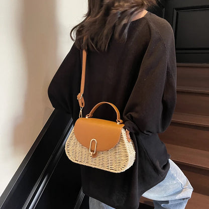 APWIKOGER Straw Beach Bag PU Leather Summer Shoulder Flap Crossbody