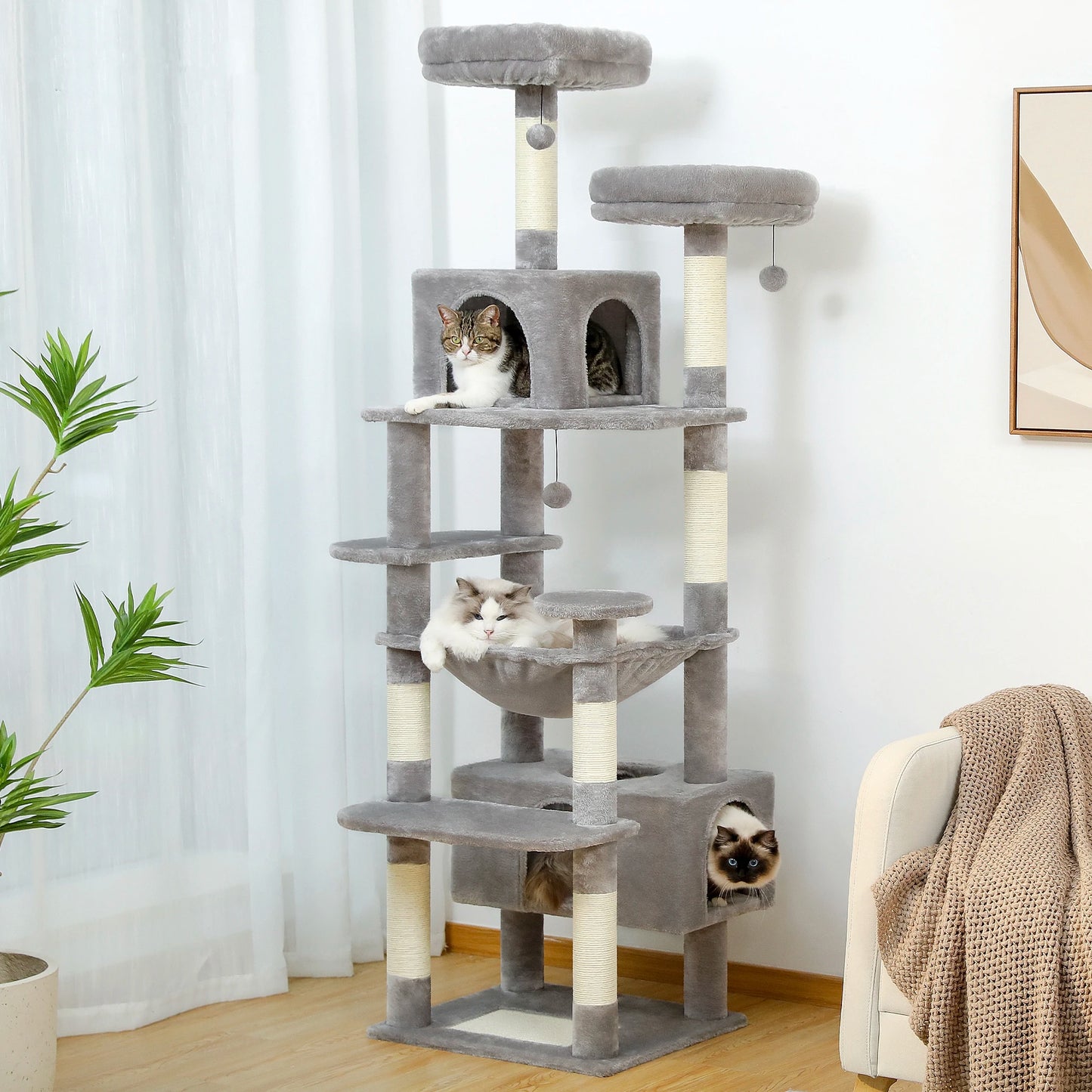 Multi-Level Cat Tree Tower with Scratching Posts&Board, Hammock, Cat Condo, Spacious Top Perch,Dangling Balls for Indoor Cats