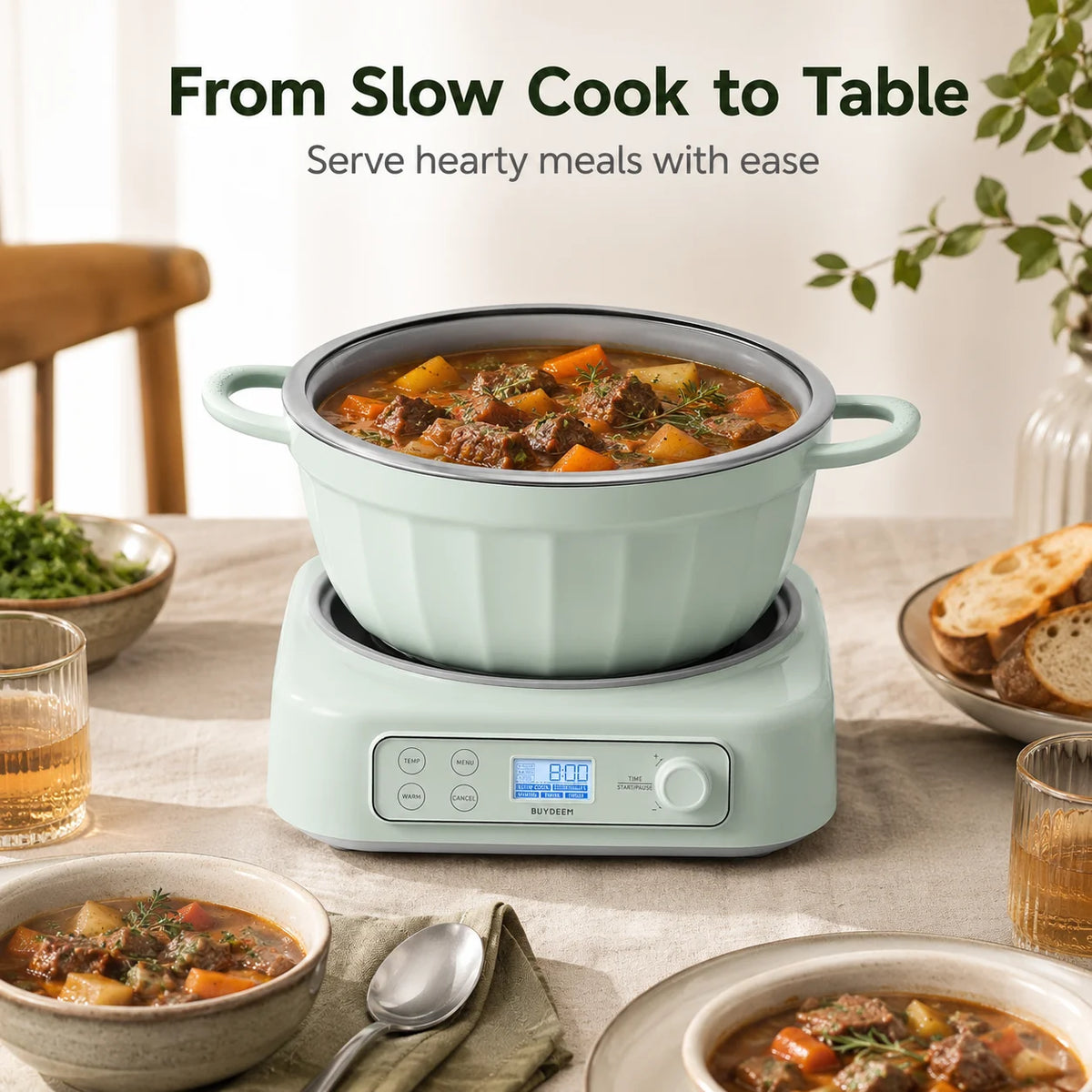 BUYDEEM 5-in-1 Slow Cooker 4.7QT, Electric Crockpot with Removable Nonstick Pot, Slow Cook Sear Saute Braise Bean Soup Modes, 2 Temperature Controls, 24H Timer, Auto Keep Warm, Compatible with Flat-Bottom Cookware