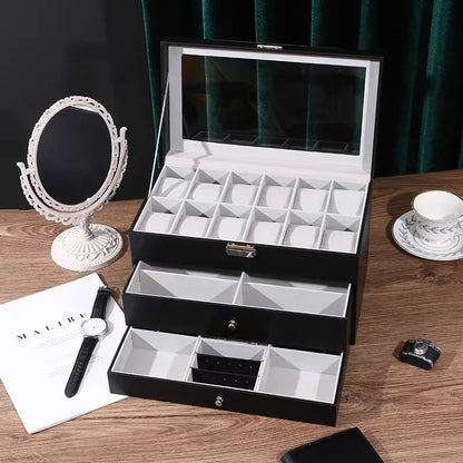 3 Layer Black Leather Watch And Eyeglasses&Sunglasses Box With Jewelry Display Drawer Metal Buckle Case Organizer