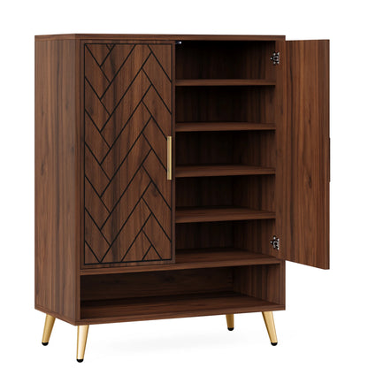 Tribesigns 6-Tier Shoe Cabinet with Doors, Walnut Wooden Shoe Storage Cabinet with Adjustable Shelves for Entryway