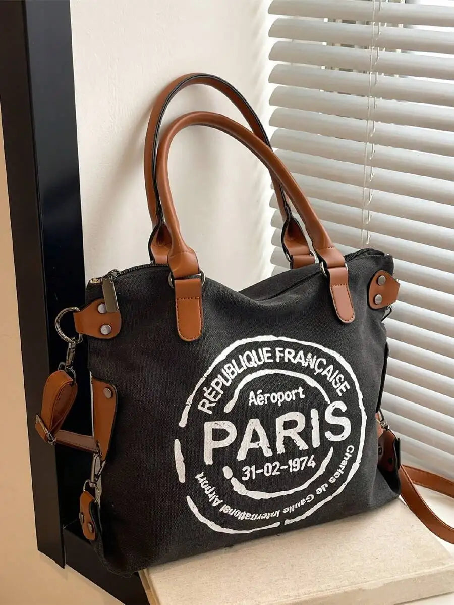 Large Capacity Casual Tote Handbag With Paris Print, Versatile Crossbody Bag For Women
