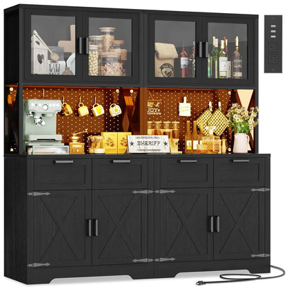 71" Tall Kitchen Pantry Storage Cabinet with LED Light & Outlet, 63" Wide Kitchen Hutch Cabinet with Large, Customized