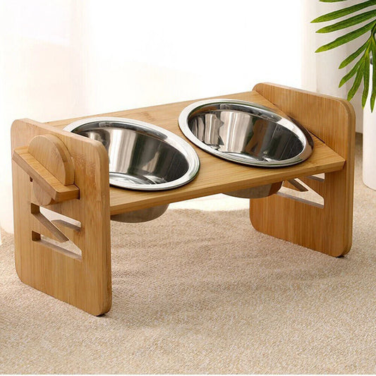 Elevated Bamboo Dog Feeding Station With Two Stainless Steel Bowls