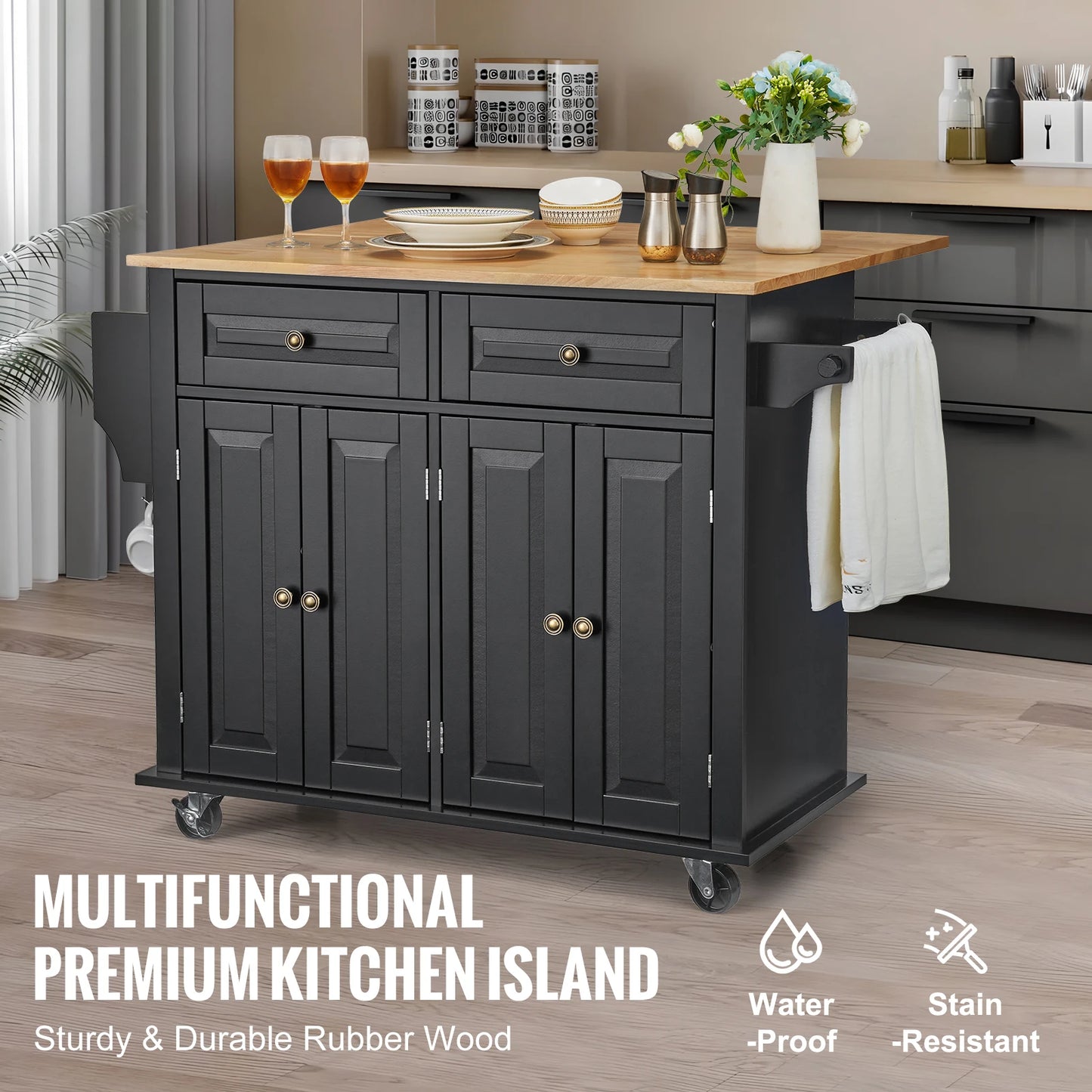 SucceBuy Wood Top Kitchen Island Cart With Storage Cabinet