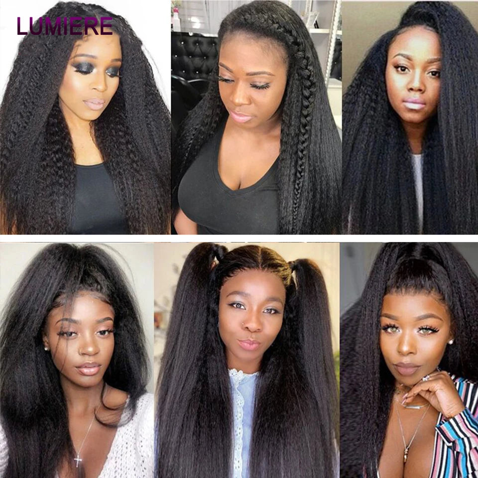Kinky Yaki Straight Human Hair Bundles With Closure Frontal HD Transparent Brazilian Deep Curly Hair Bundles Deal Hair Extension