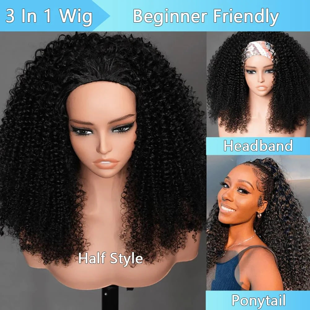 GrawwCap Glueless PremiumBrazilian Hair Kinky Curly HeadbandWigSystemPro Wig 3in1