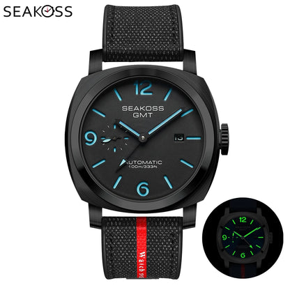SEAKOSS Men GMT Automatic Mechanical Watches Super Luminous Calendar Original Seagull ST2557 Movement Nylon Rubber Wristwatches