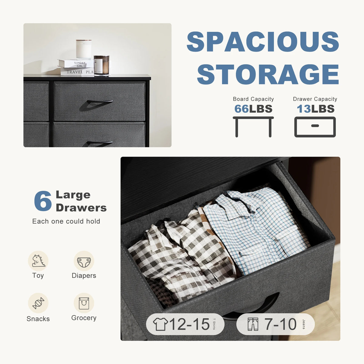 JHK Six Drawer Fabric Storage Nightstand With Metal Frame
