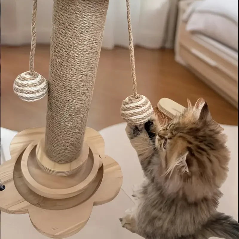Cat Scratch Board With Rotating Platform And Non Shedding Wooden Fiber Chew Toy