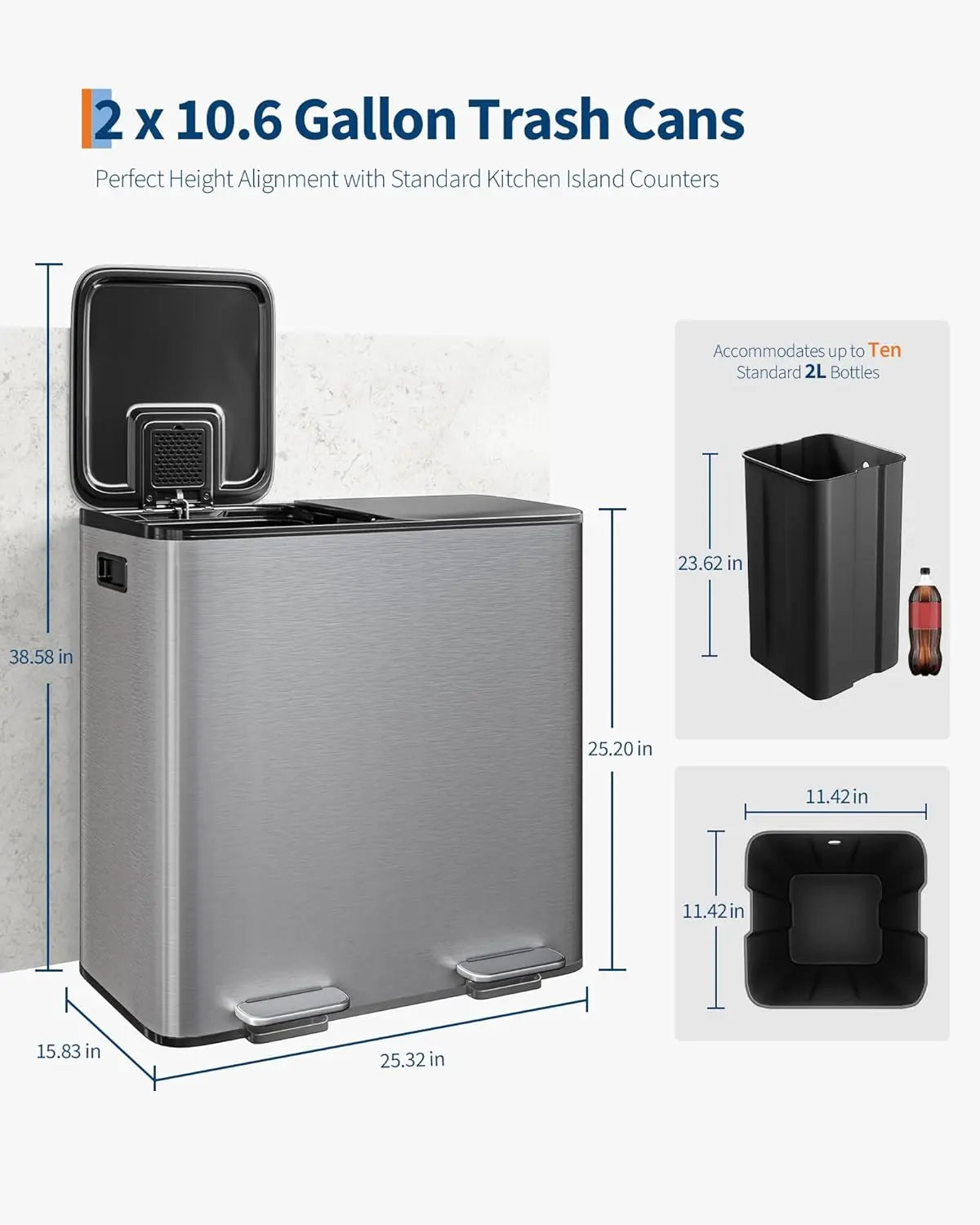 Stainless Steel Dual Trash Can Double Compartment Garbage and Recycling Bin Combo with Lid,Step-On Pedal,Removable Liner Buckets