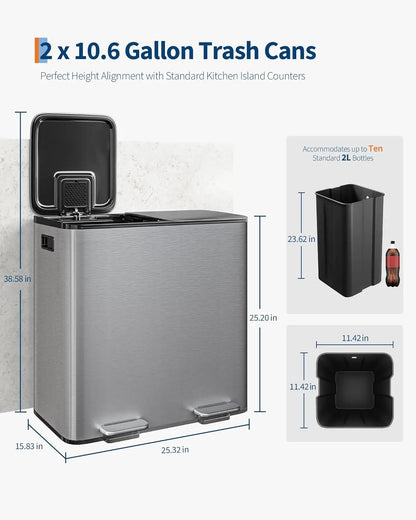 Stainless Steel Dual Trash Can Double Compartment Garbage and Recycling Bin Combo with Lid,Step-On Pedal,Removable Liner Buckets