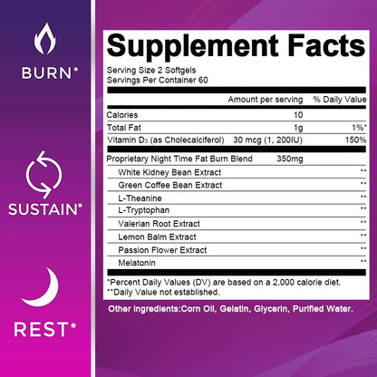 BEWORTHS 120pcs Night Time Fat Burnner Capsule for Women and Men Loss Weight Management Weight Slimming Tool Detox Burning Fat