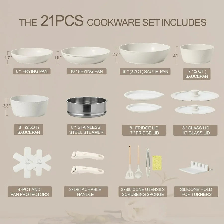 21PCS Nonstick Ceramic Pots and Pans, Ceramic Cookware with Detachable Handle, RV Kitchen Cookware Set, Cookware Set with Remova