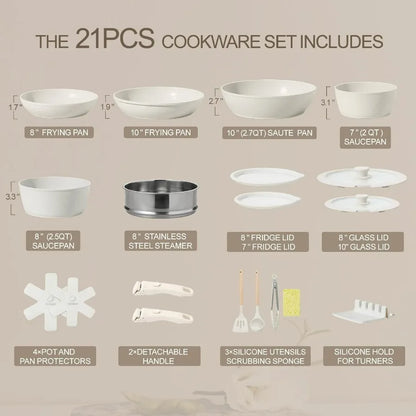 21PCS Nonstick Ceramic Pots and Pans, Ceramic Cookware with Detachable Handle, RV Kitchen Cookware Set, Cookware Set with Remova