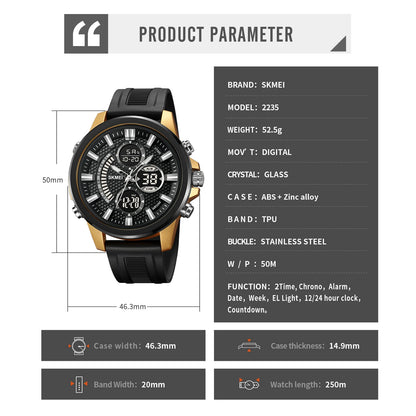 Digital Men Sport Watch With Backlight 5Bar Waterproof Alarm