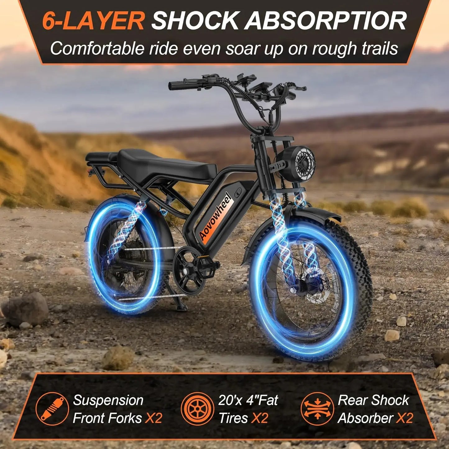 AOVOWHEEL AW2PROElectric Bike 1500W 20" Fat Tire 31mph Top Speed 70 Miles Range for Road Sand Mountain Snow Electric Motorcycle