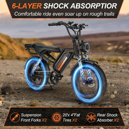 AOVOWHEEL AW2PROElectric Bike 1500W 20" Fat Tire 31mph Top Speed 70 Miles Range for Road Sand Mountain Snow Electric Motorcycle