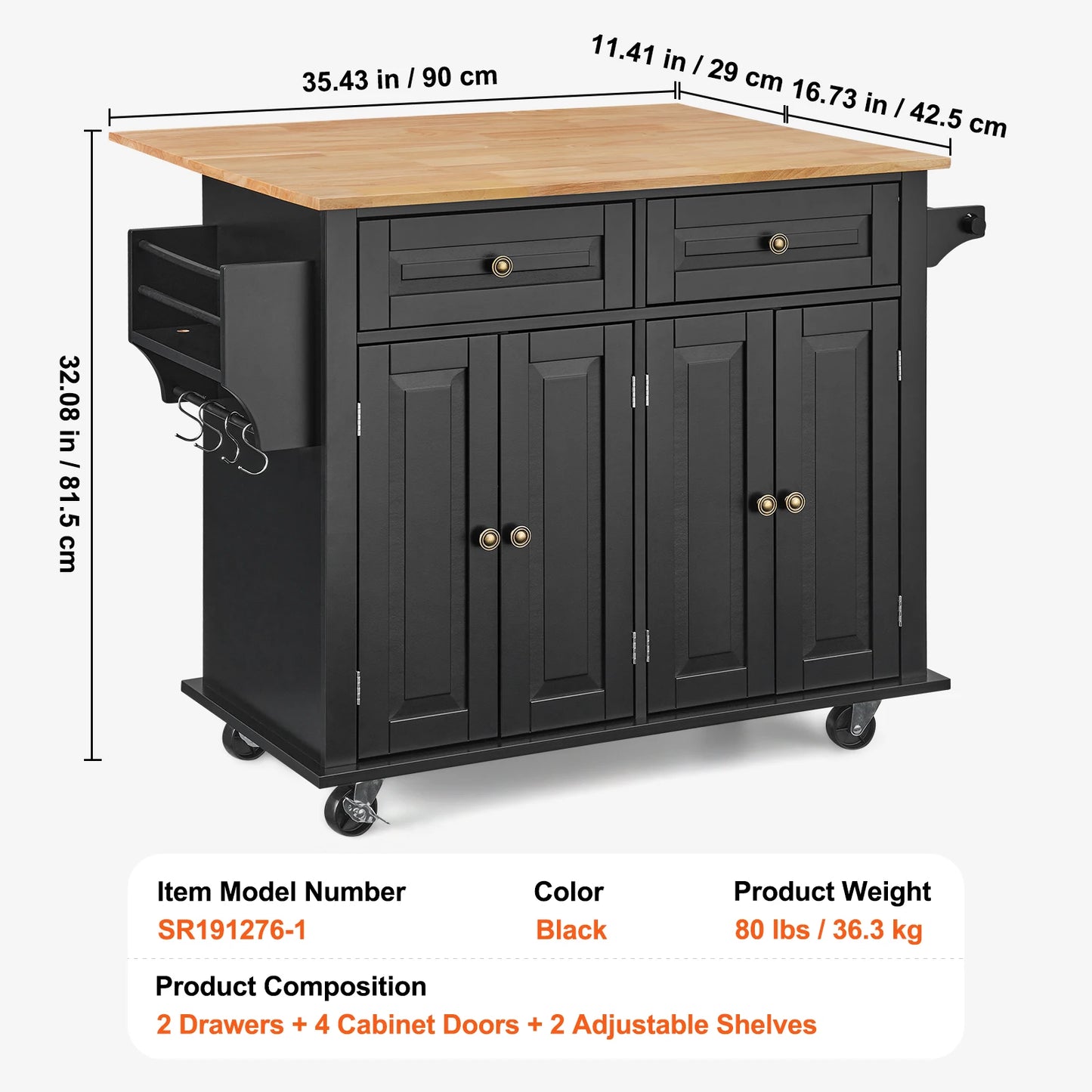 SucceBuy Wood Top Kitchen Island Cart With Storage Cabinet