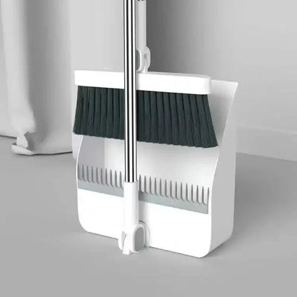 Folding Dustpan & Broom Set – Extra Thick Mounting Teeth, Clip Swivel Long Handle, Space Saving Storage