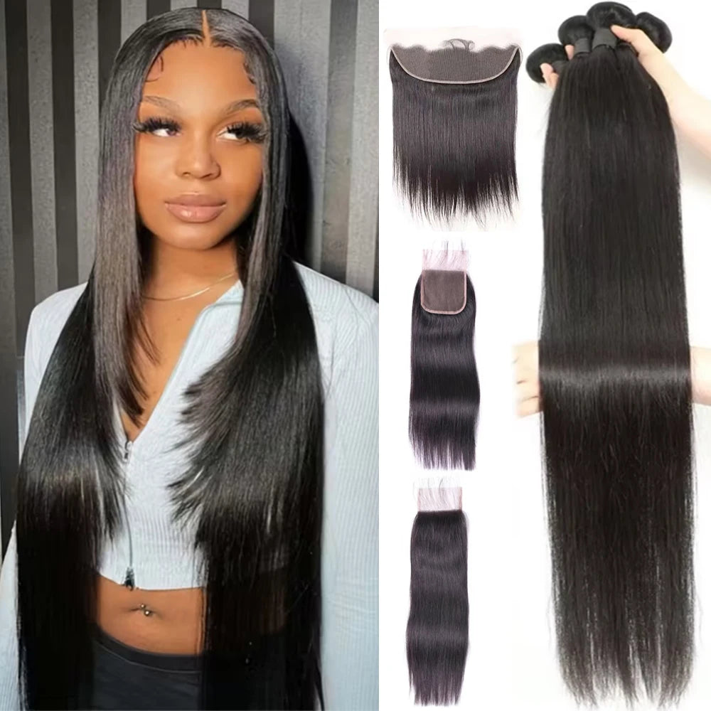 12A Straight Human Hair Bundles With 2x6/5x5 Lace Closure Unprocessed Brazilian Virgin Bundles 100% Raw Hair 3 Days Delivery