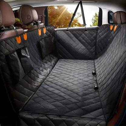 Quilted black car back seat cover with side flaps, storage pockets, and harness straps