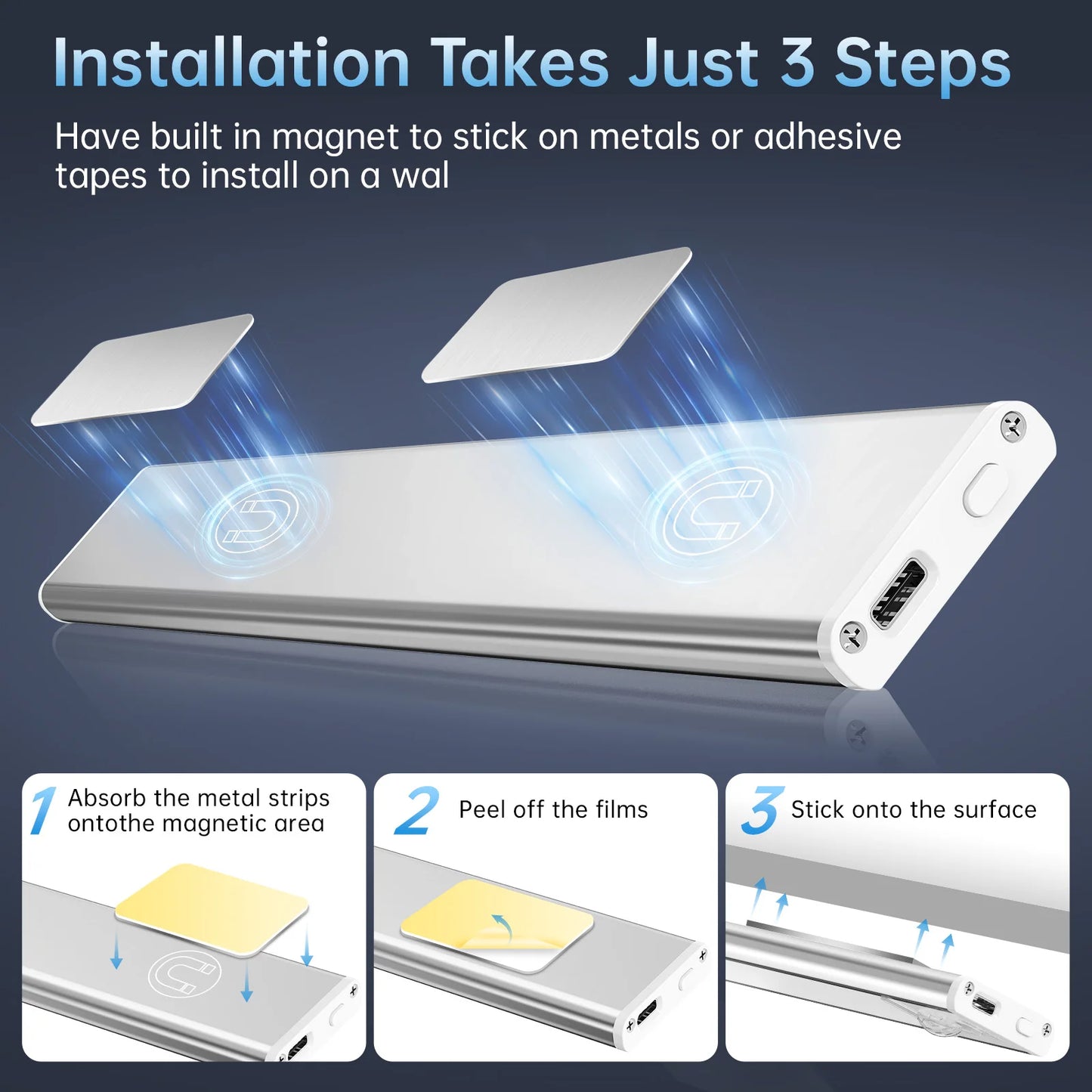 PZSUNLY Motion Sensor LED Light Type-C Rechargeable Wireless Night Light Magnetic Cabinet Lamp for Kitchen Bedroom Wardrobe Hallway Stairs