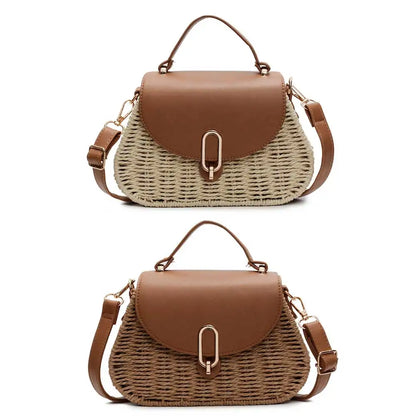 APWIKOGER Straw Beach Bag PU Leather Summer Shoulder Flap Crossbody