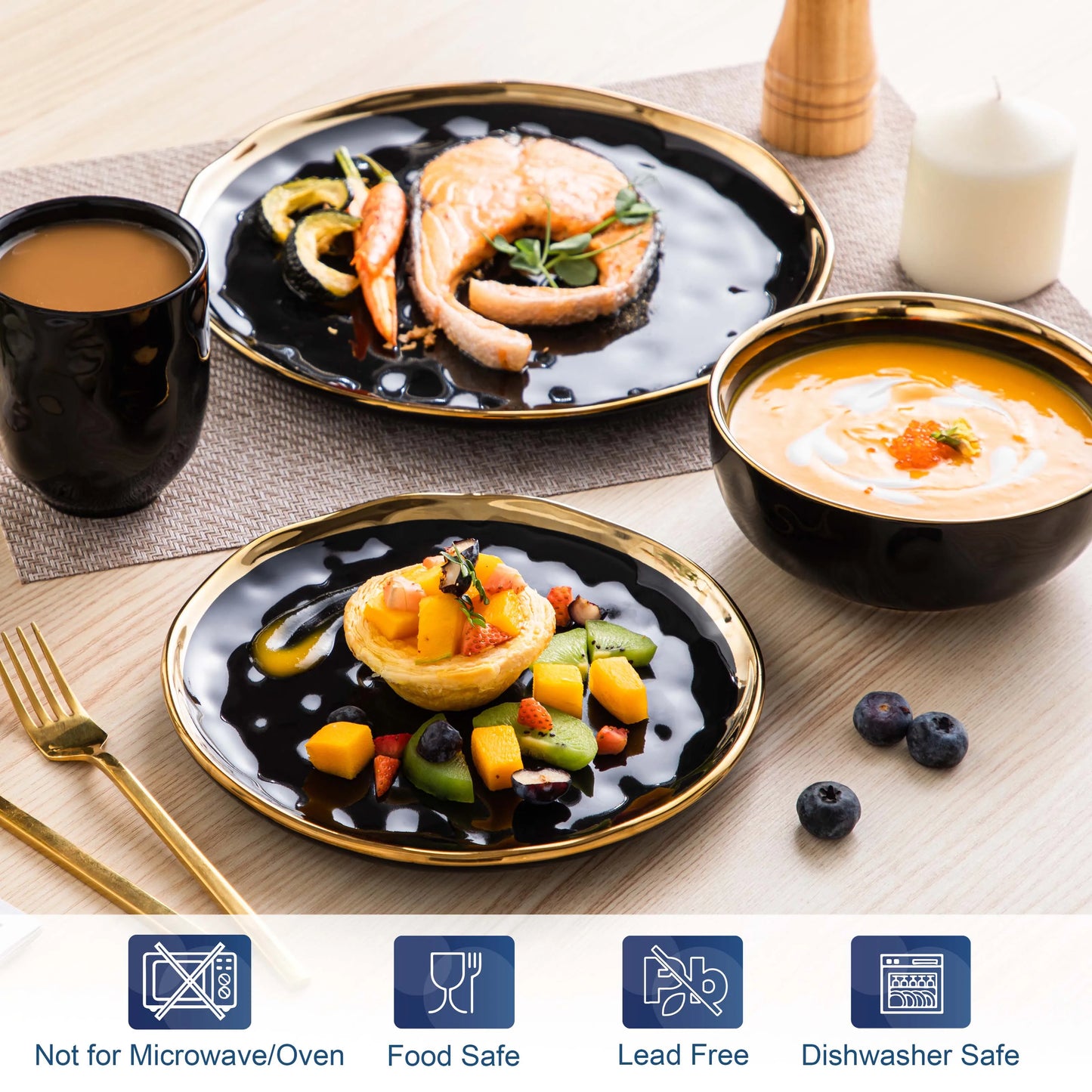 MALACASA Porcelain Dinnerware Set With Gold Trim Tableware