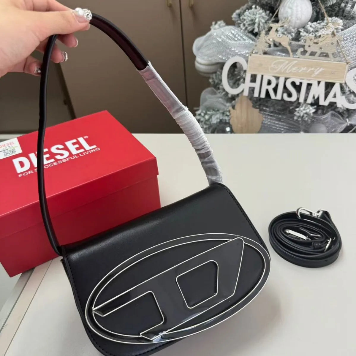 Frayed Edge Denim Mini Top Handle Bag D Logo Crossbody