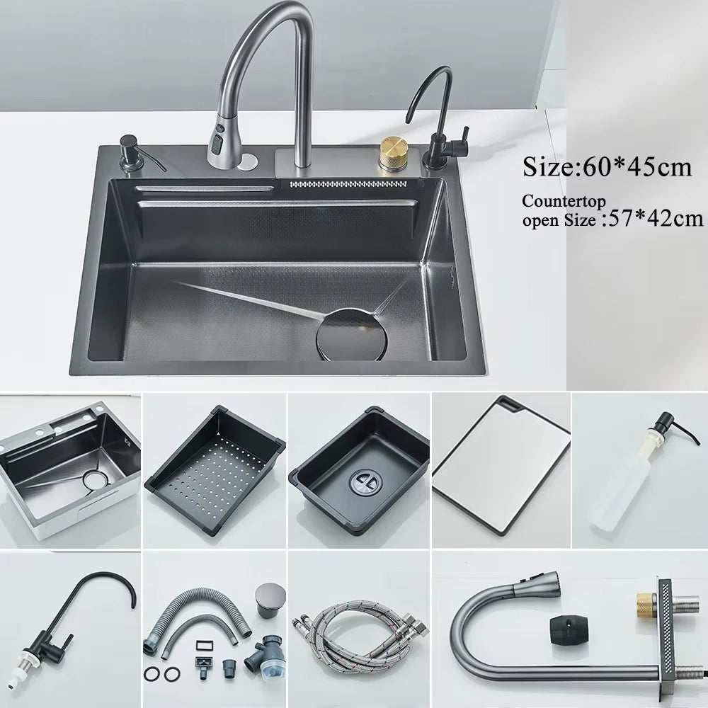 MYQualife 304 Stainless Waterfall Sink Faucet Set Digital