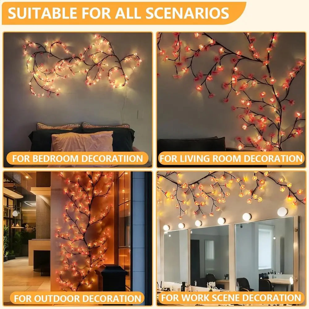 Cherry Enchanted Willow Vine Lights 7.55T 144LED Pink Cherry Blossom Tree Branch Lights or Wall, Remote Timer,8 Light el,Bedroom